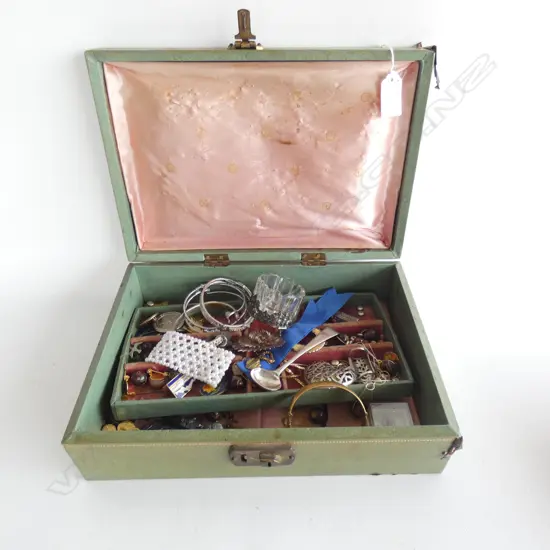 GREEN JEWELLERY BOX + ASST. CONTENTS