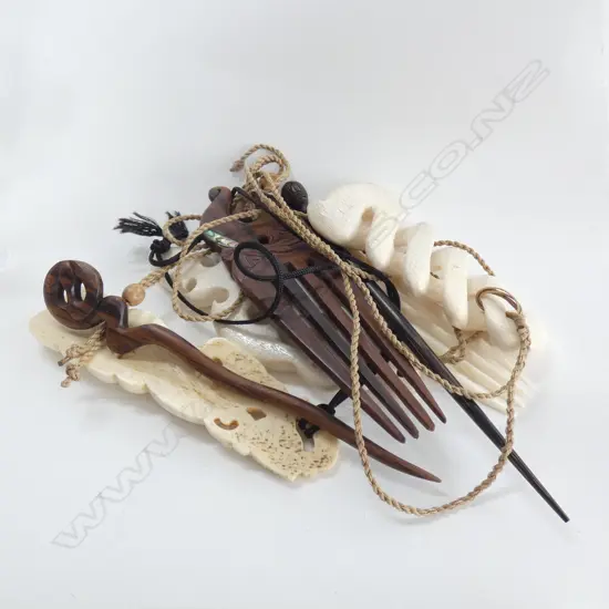 3 MAORI BONE CARVING PENDANTS + 4 HAIR PCES