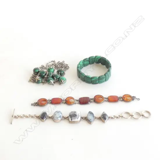 3 AGATE BRACELETS (ONE STG) + MARCASITE NECKLACE A/F