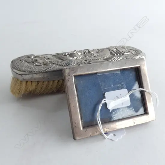 JAPANESE SILVER METAL BRUSH + SMALL STG PHOTO FRAME B'HAM 1909 85x65mm