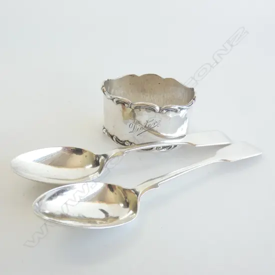 2 STG SILVER TEASPOONS + 800 SILVER NAPKIN RING 83 GRAMS TOTAL