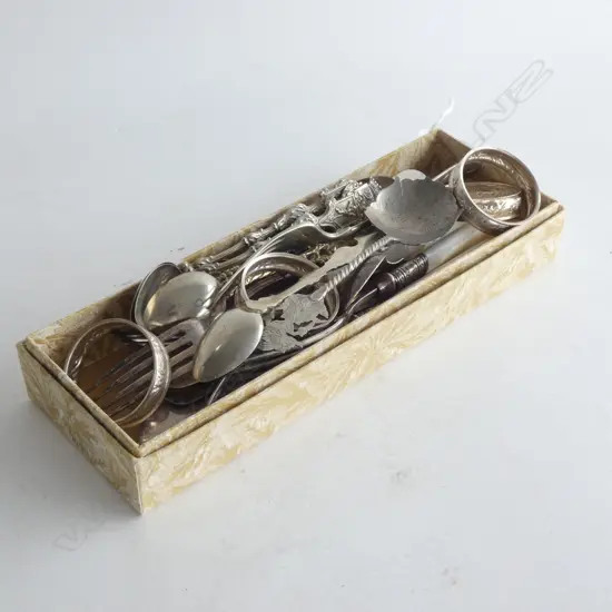 MOP HANDLED CUTLERY, ASST. SILVER & SILVER METAL SPOONS, NAPKIN RINGS ETC