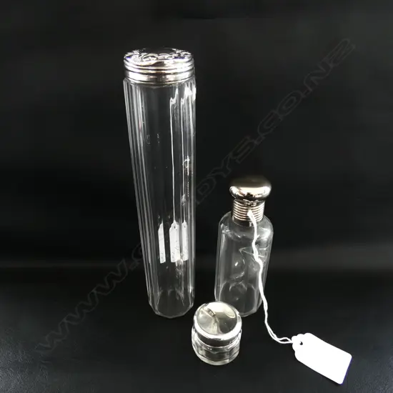 3 STERLING SILVER TOPPED CRYSTAL BOTTLES L 170 MM