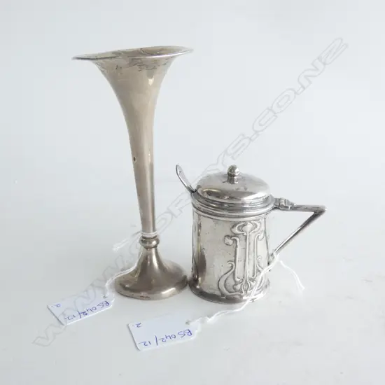 STG SILVER BUD VASE + ART NOUVEAU MUSTARD POT SHEFFIELD 1906 111 GRAMS 