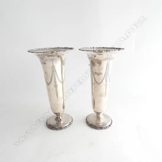 PAIR 20THC SILVER TRUMPET VASES. Birmingham 1908 385gms