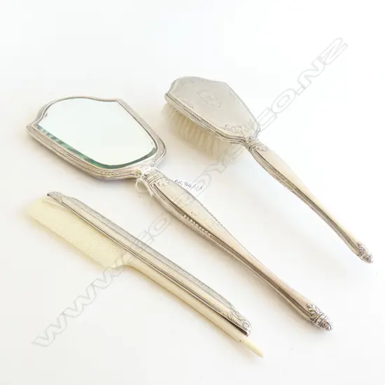 3 PCE STERLING DRESSING TABLE SET; BRUSH, COMB NOT ORIGINAL, MIRROR