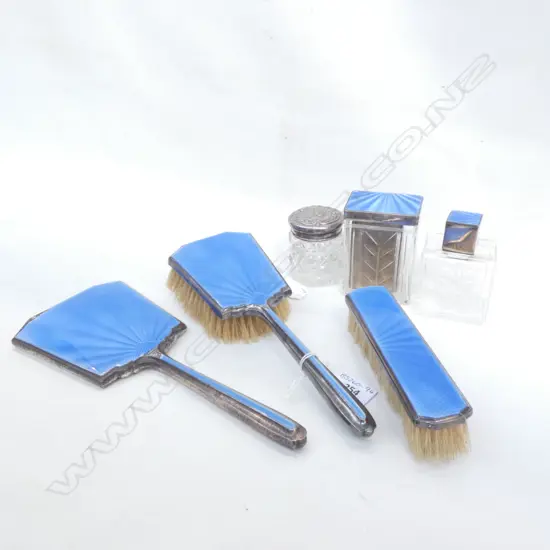 ART DECO BLUE GUILLOCHE & STG SILVER DRESSING TABLE SET (A/F) & STERLING SILVER LIDDED