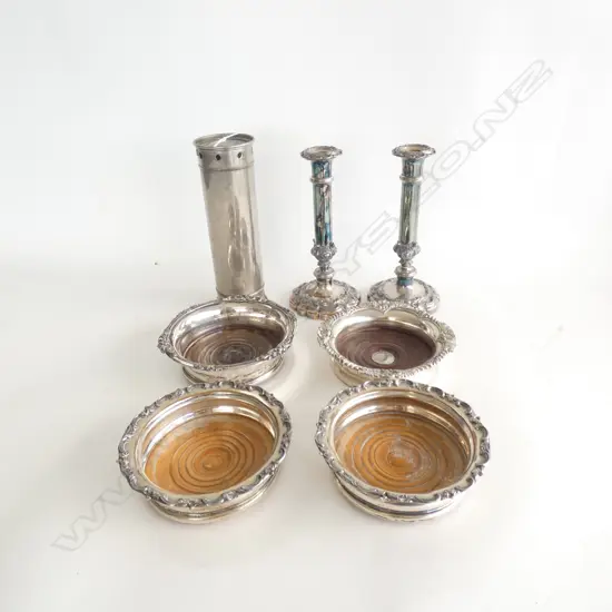SILVER PLATE; 4 WINE COASTERS / PR CANDE HOLDERS & TALL SIFTER 