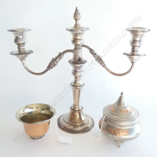 3 BRANCH EP CANDELABRA/LIDDED BOWL+ TIBETIAN COPPER BOWL H 330 MM