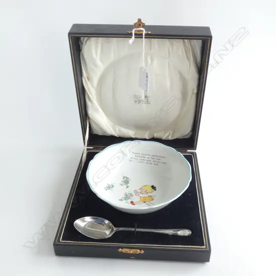 SHELLEY CHILDS BOWL & STG SILVER SPOON 30 GRAMS, CASED
