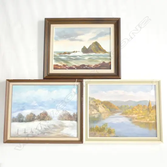3 NZ OILS ON CANVAS; WANGANUI RIVER/TARARUAS / ISLAND BAY - ALL SIGNED 