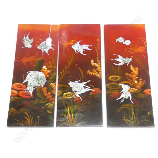 ORIENTAL LACQUER & SHELL FISH TRIPTYCH - EACH 195 X 490MM