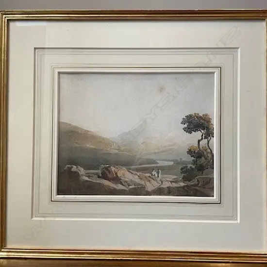 JOHN VARLEY (UK 1778-1842) WATERCOLOUR, TWO FIGURES LOOKING OVER A RIVER TOWARDS A MOUNTAIN, 290 x 225mm