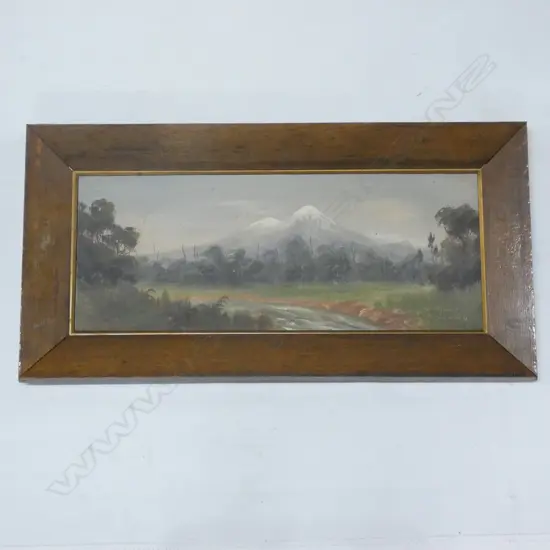PAUL WREN 'MT EGMONT' COLONIAL NZ LANDSCAPE OIL IN ORIG. OAK FRAME 225x585mm