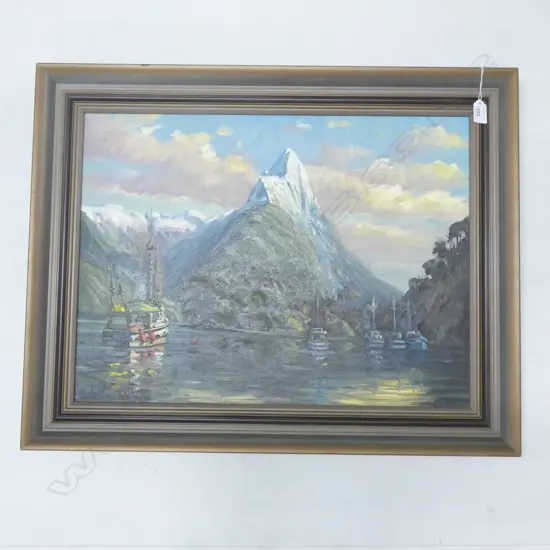 MALCOLM WALLACE, 20thC, OIL ON BOARD, 'MITRE PEAK, MILFORD SOUND', SIGNED. 440 x 595mm