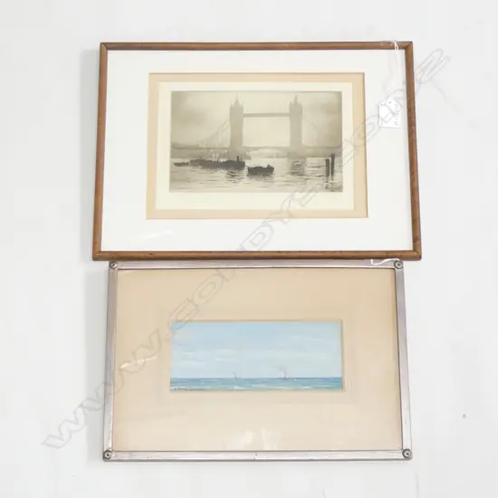 EDGAR JAME MAYBERY (1887-1966) ETCHING 'LONDON TOWER BRIDGE' (120 X 200MM) + 1 OTHER MARINE WATERCOLOUR / SIGNED