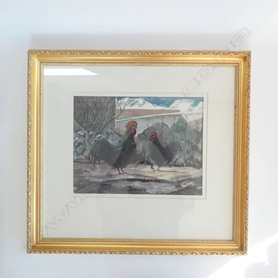 INK & WATERCOLOUR 'CHICKENS' BY 'GEOFF FAIRBURN' C1959  265 X 370MM