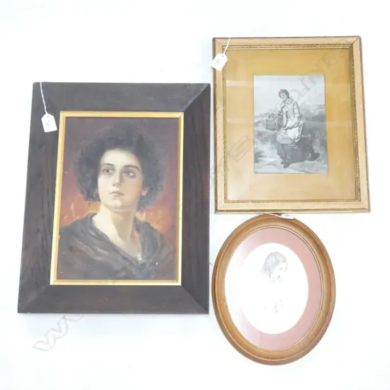 (WS)  3 PORTRAIT ARTWORKS; OIL 325x230mm, PENCIL OVAL FRAME, PRINT GILT FRAME