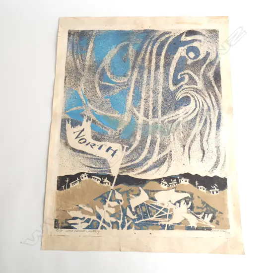 JULIET PETER (1915-2009) 'WIND DEMONS - NORTHERLY’ LINOCUT 8/18, TITLED, SIGNED & DATED '74, 555 x 425mm. UNFRAMED. 