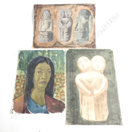 GEOFFREY FAIRBURN (1905-99) 3 UNSIGNED & UNFRAMED W/Cs HAWAIIAN DOUBLE TIKI, STONE IDOLS & PACIFIC PORTRAIT (Ex ESTATE) 