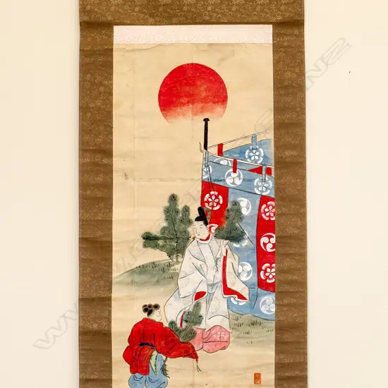SCROLL OF A SHINTO PRIEST & ASSISTANT BEARING PINE SAPLINGS BEFORE A FABRIC SCREEN ...