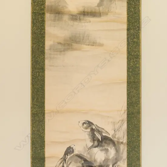SCROLL PAINTING OF TWO RABBITS UNDER A FULL MOON ...
