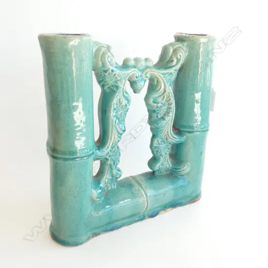JADE POTTERY 2 COLUMN BAMBOO ORIENTAL VASE 