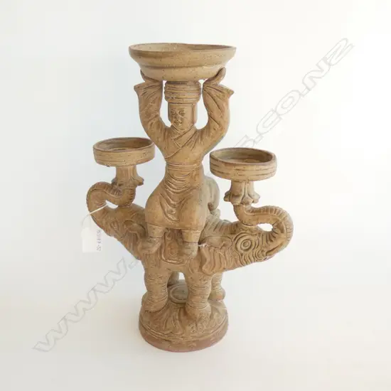 GLAZED ORIENTAL POTTERY CANDLE HOLDER - 2 HEADED ELEPHANT WITH MAN L 250 H. 320MM
