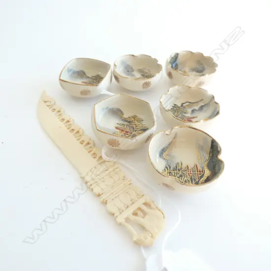 6 MINIATURE SATSUMA BOWLS +LETTER KNIFE D 30 MM SOME FAULTS