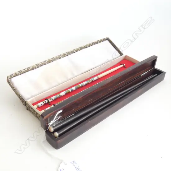 3 PR CHOPSTICKS; 2 PR IN WOODEN INLAID BOX 