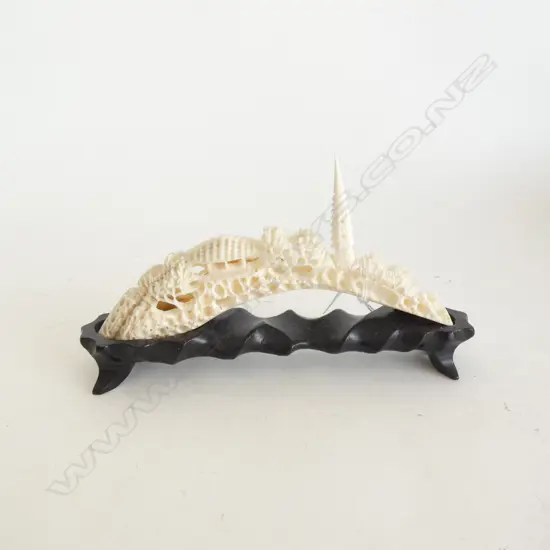 (MF) ORIENTAL CARVED HIPPO TUSK ON STAND L.180mm