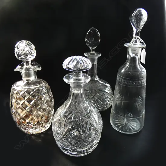 FOUR ANTIQUE & MODERN CUT CRYSTAL DECANTERS TALLEST H. 340MM