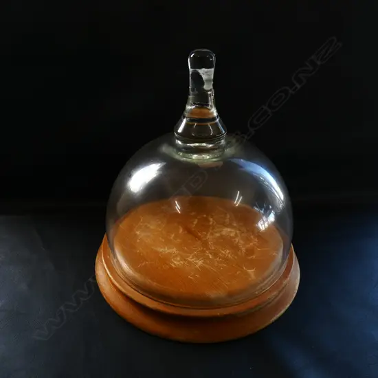 OLD GLASS DOME LID WITH WOODEN BASE - DIA 222  H. 240MM 