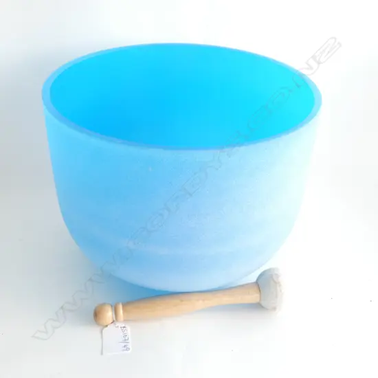 LARGE FROSTED BLUE GLASS SINGING BOWL w. HAMMER 255mm dia