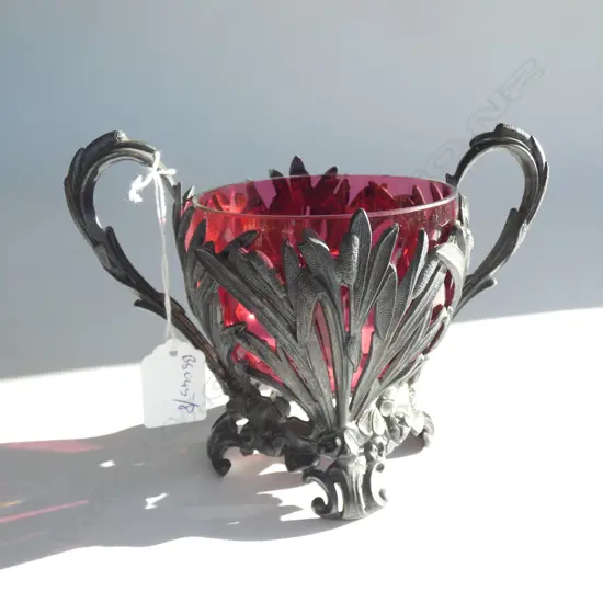 CASED NICKLE VASE SURROUND WITH RED GLASS LINER H 130 MM
