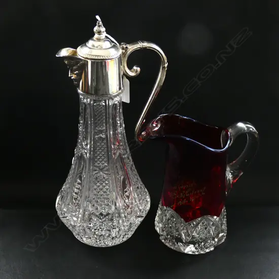 PRESSED GLAS & SILVER PLATE CLARET JUG H.280mm + RED EDWARDIAN CRYSTAL JUG 