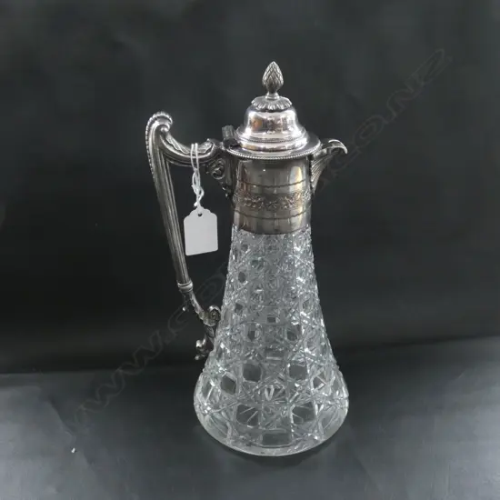 LG ANTIQUE SILVER PLATE / CUT GLASS CLARET JUG