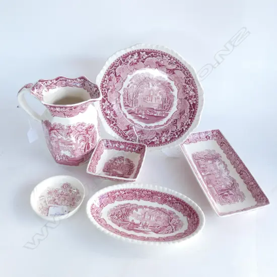 MASON IRONSTONE RED VISTA JUG & 5 DISHES