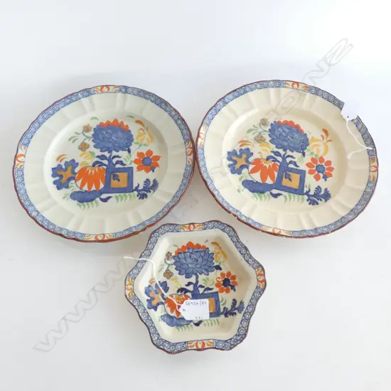MASONS IRONSTONE TWO JARDINIERE PATTERN PLATES & DISH (3)
