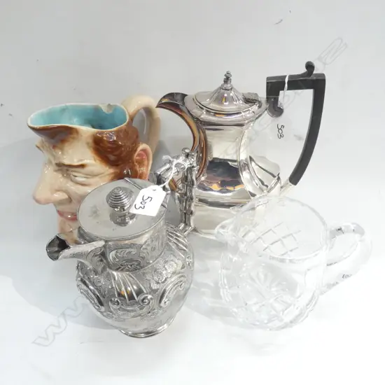 2 SILVER PLATE COFFEE POTS (LGEST H.235MM) CRYSTAL JUG & SARREGUEMINES JOHN BULL JUG a/f