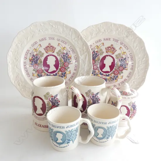 MASON IRONSTONE 2 COMMEMRATIVE PLATES 2 PRS MUGS & LIDDED JAR