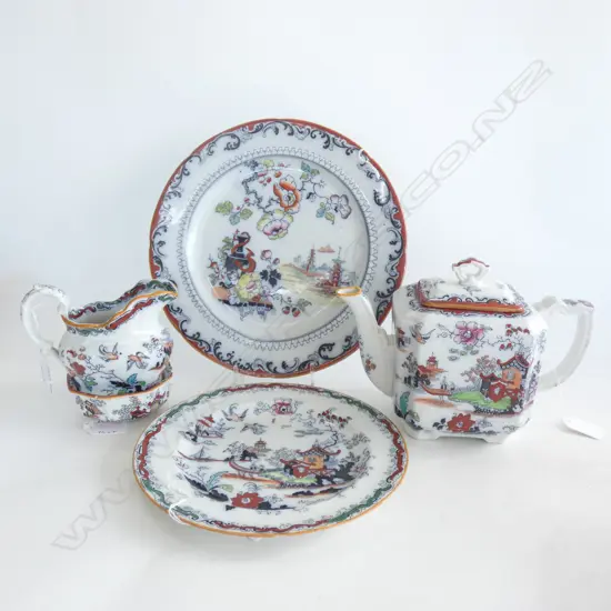 MASON IRONSTONE 3 PC TEASET & 2 PLATES ORIENTAL PAT
