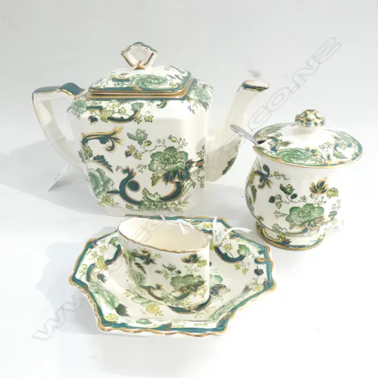 MASON IRONSTONE TEAPOT LIDDED SUGAR DISH & TOOTH PICK HOLDER CHARTRUSE PAT