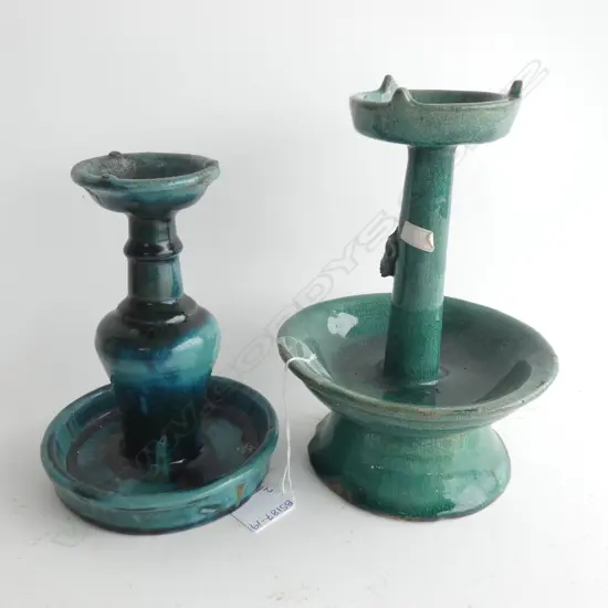 2 MING STYLE GREEN GLAZED CANDLE HOLDERS; 1 SAGE GREEN / 1 TURQUOISE LARGEST  DIA 162 H. 240MM a/f