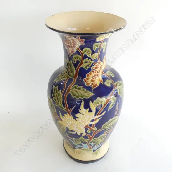 LG OLD ORIENTAL FLOOR VASE; BLUE WITH FLOWERS & FOLIAGE H. 515MM