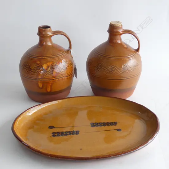 PR ENGLISH STUDIO POTTERY FLAGONS + OVAL PLATE BY DEITER KUNKEMANN