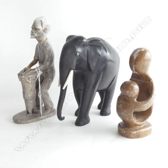 CARVED WOODEN ELEPHANT (L150MM) & 2 MARBLE CARVED FIGURES (H.195MM) 2 A/F