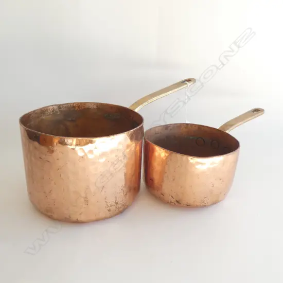 PR COPPER SAUCE PANS - BRASS HANDLES   58 X 115MM & 28 X 78MM