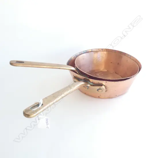 PR COPPER SAUTE PANS w BRASS HANDLES  DIA. 215 & 185MM