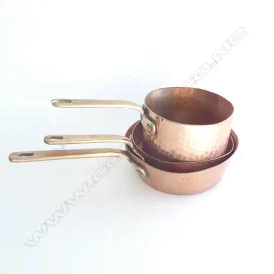 PR COPPER SAUTE PANS & 1 SAUCE PAN w BRASS HANDLES ...
